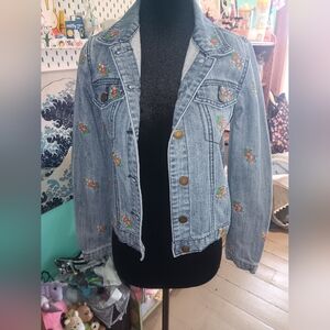 Denim Embroidered Floral Jacket - Light Blue
